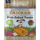 White background with a close up of a packet of Little BigPaw 'British Roast Chicken with sweet potato, apples, blueberries and mixed herbs' dog treats. Pictured on the packet is an illustration of a grey dog with a cooked chicken, fruit and vegetables in the foreground. Text on the bag says 'Oven Baked Treats, 100% natural ingredients, Naturally delicious! 50% chicken'. 
