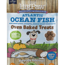White background with a close up of a packet of Little BigPaw 'Atlantic Ocean Fish with sweet potato, pumpkin, coconut oil and mixed herbs' dog treats. Pictured on the packet is an illustration of a grey dog with a fish, a pumpkin, sweet potatoes and a coconut in the foreground. Text on the bag says 'Oven Baked Treats, 100% natural ingredients, Naturally delicious! 50% ocean fish'. 