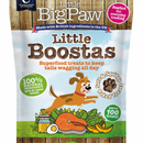White background with a close up of a packet of Little BigPaw 'Little Boostas' dog treats. Pictured on the packet is an illustration of a brown dog jumping with a salmon fillet, an egg, spinach and bananas in the foreground. Text on the bag says 'Superfood treats to keep tails wagging all day, 100% natural ingredients, soft & squidgy baked treats. Approx. 100 treats!' 