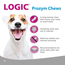 White background with an adult Jack Russel dog with icons and text running down the side 'A long-lasting chew that cleans even hard to reach teeth', 'Tempting, tasty and low in calories, Effective dental care without brushing, Recommended to be given daily after last meal'. 