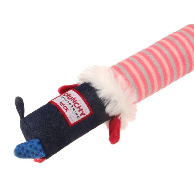 Close up of rabbit toy's body which is dominantly black with blue arms and legs in different fabrics and a white furry neckline. 