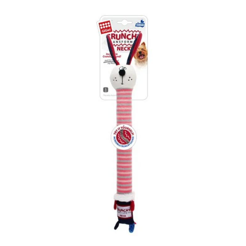 Rabbit shaped dog toy with an long pink and grey stripy neck and small black and blue body. Rabbit has a friendly cartoon style face. Pictured on a white backing card, with text 'Crunchy Transforming Neck' and a Yorkshire terrier pictured on the card. 
