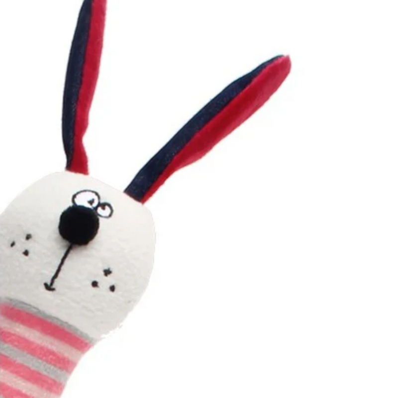 Close up of rabbit shaped dog toy with an long pink and grey stripy neck and a friendly cartoon style face on a white background. 