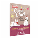 White background with a beige and burgundy Rosewood Cupid and Comet Luxury Deli Cat Advent Calendar with two illustrated cats, wearing Christmas hats. Text on the calendar says 'Rosewood, Cupid and Comet', 'Festive Treats' and 'Luxury Deli Advent Calendar'. 