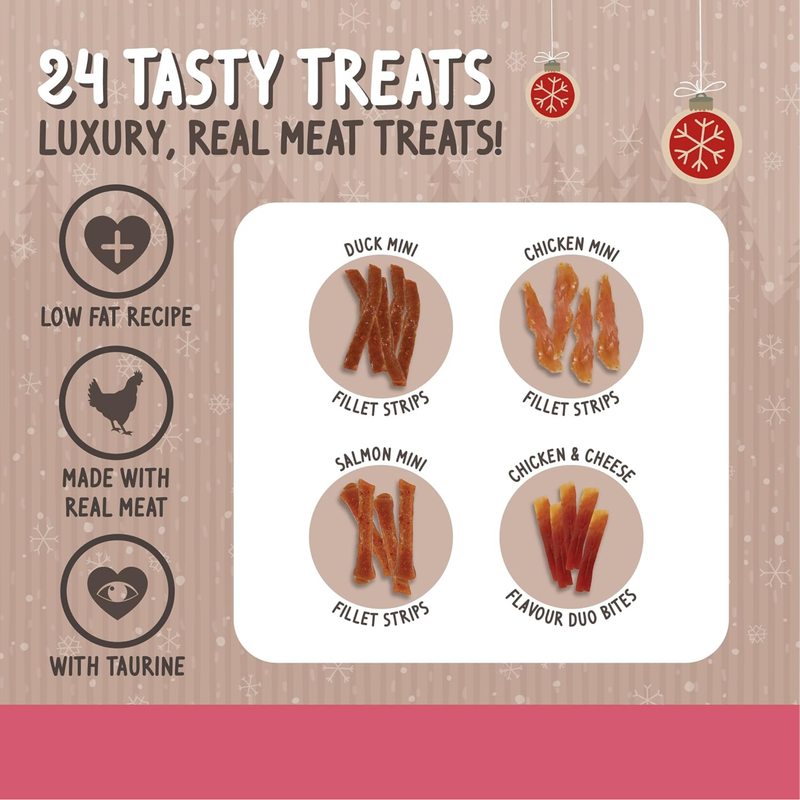White background with four different treats show with the name of each flavour next to it. With text 'Low fat recipe', 'Made with real meat' and 'with taurine'. Red banner at the bottom. 