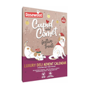 White background with a beige and burgundy Rosewood Cupid and Comet Luxury Deli Dog Advent Calendar with two illustrated dogs, wearing Christmas hats. Text on the calendar says 'Rosewood, Cupid and Comet', 'Festive Treats' and 'Luxury Deli Advent Calendar'. 