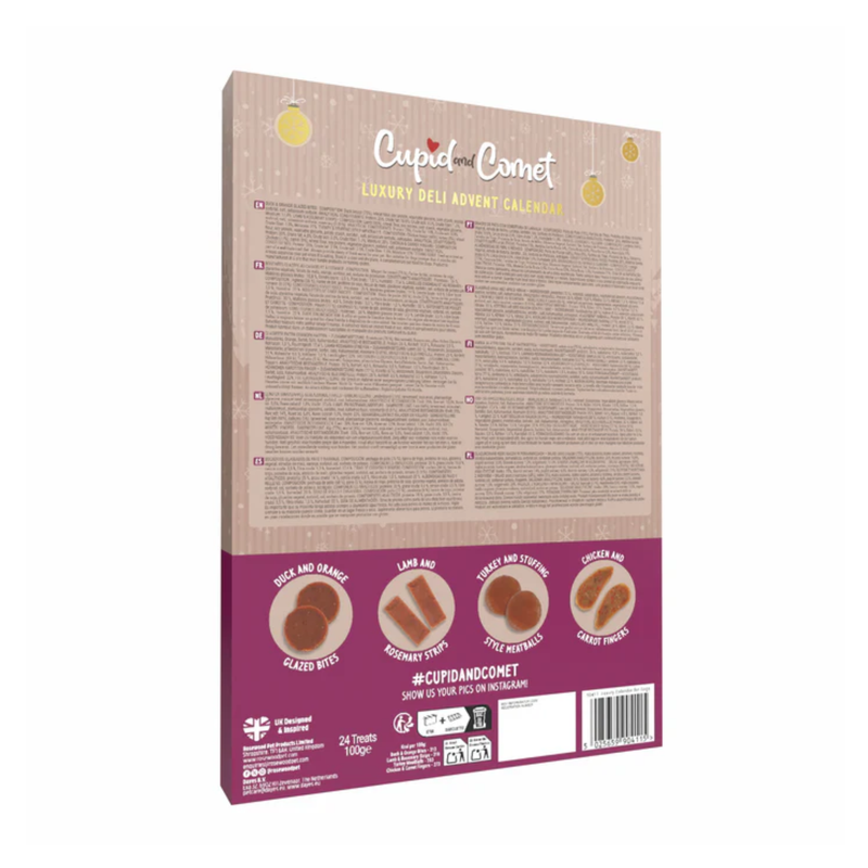 White background with a back view of a beige and burgundy Rosewood Cupid and Comet Luxury Deli Dog Advent Calendar with four varieties of dog treats pictured on the back. Text on the calendar says 'Cupid and Comet', 'Festive Treats' and 'Luxury Deli Advent Calendar'. 