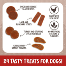White background with four different treats show with the name of each flavour next to it. With text 'Made with real meat' and 'No artificial colours & flavours'. Red banner at the bottom with white text '24 tasty treats for dogs!' 