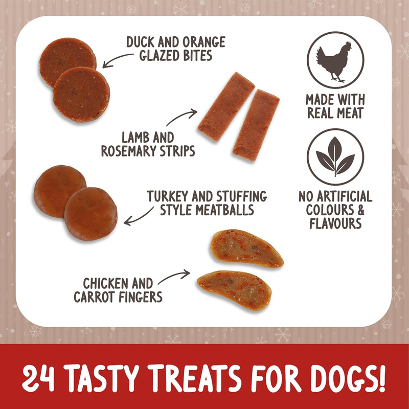 White background with four different treats show with the name of each flavour next to it. With text 'Made with real meat' and 'No artificial colours & flavours'. Red banner at the bottom with white text '24 tasty treats for dogs!' 