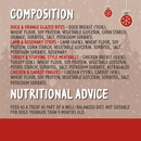 Beige background with an ingredient list and nutritional advice detailed with a red banner below. 