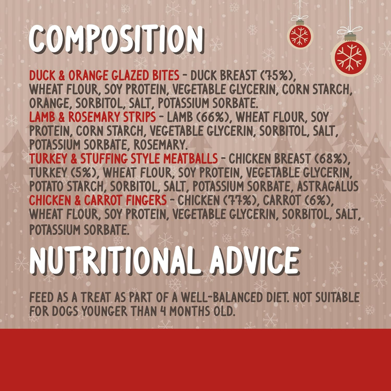 Beige background with an ingredient list and nutritional advice detailed with a red banner below. 