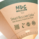White background close up of a Elizabethan style cardboard recovery collars. Text on the front reads 'MDC, Smart Recover Collar', 'Aids Recovery. Protects the Planet'. 