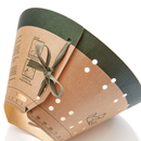 White background close up of the back of Elizabethan style cardboard recovery collar with a green ribbon. 