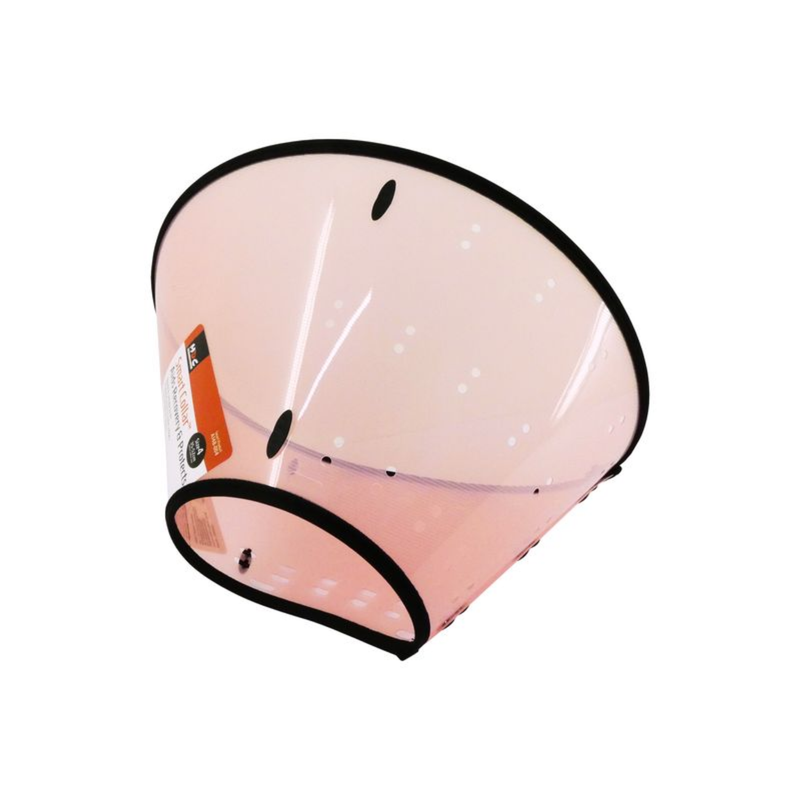 White background with a Large pink transparent Elizabethan style recovery collar with a dog pictured on the label, on a white background. 