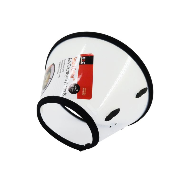 White background with a Small transparent Elizabethan style recovery collar with a dog pictured on the label, on a white background. 