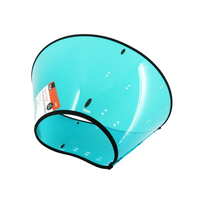White background with a X-Large teal transparent Elizabethan style recovery collar with a dog pictured on the label, on a white background. 