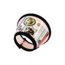 White background with a XS transparent pink Elizabethan style recovery collar with a cat and dog pictured on the label, on a white background. 