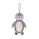 Penguin shaped cat scratcher, dominantly fluffy grey body with a canvas belly, with dark grey beak and feet, with a white pom pom on a string attached pictured on a white background. 