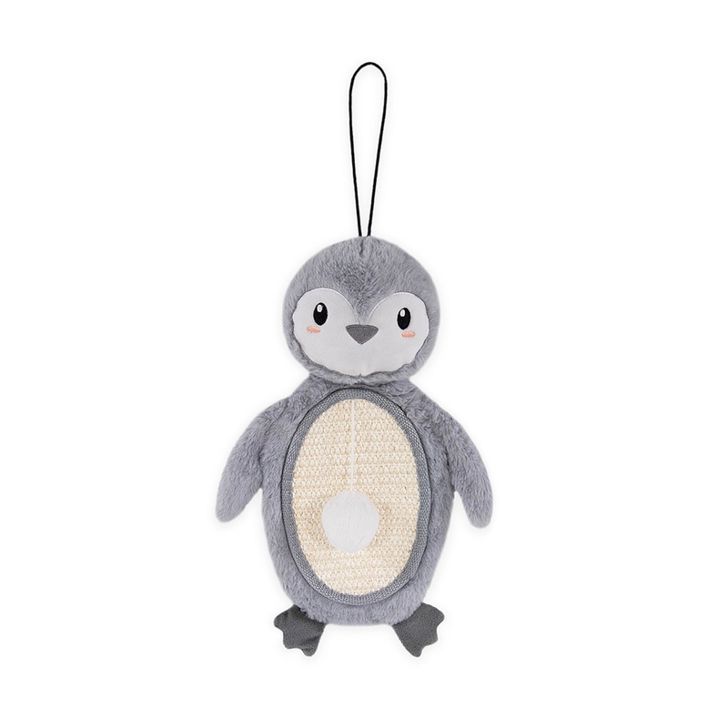 Penguin shaped cat scratcher, dominantly fluffy grey body with a canvas belly, with dark grey beak and feet, with a white pom pom on a string attached pictured on a white background. 