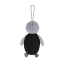 Rear view of Penguin shaped cat scratcher, dominantly fluffy grey body,  with dark grey feet, with a black anti-slip backing pictured on a white background. 
