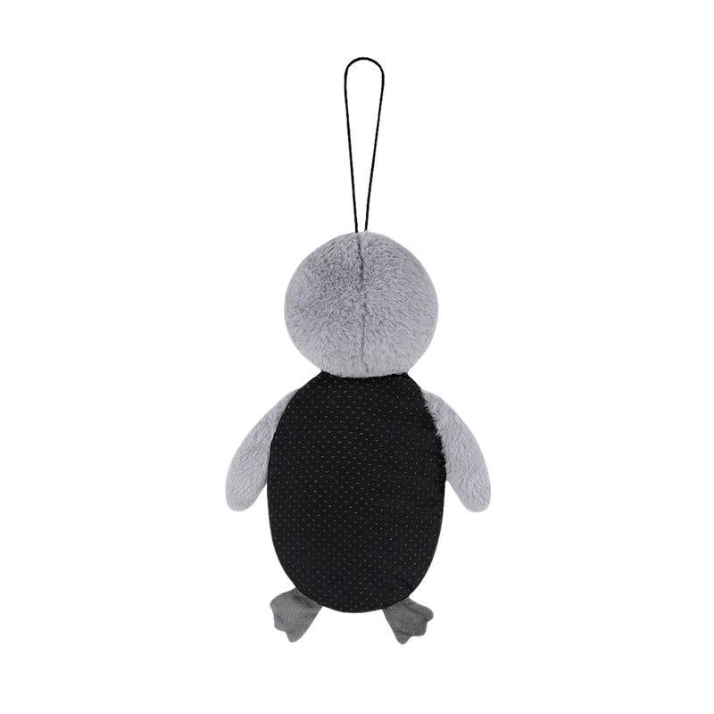 Rear view of Penguin shaped cat scratcher, dominantly fluffy grey body,  with dark grey feet, with a black anti-slip backing pictured on a white background. 
