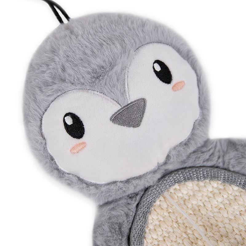 Close up of a penguin shaped cat scratcher, dominantly fluffy grey body, white face with a canvas belly, with dark grey beak, pictured on a white background. 
