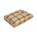 Pillow-type red and green checked dog bed pictured on a white background. 