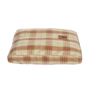 Front view of pillow-type red and green checked dog bed pictured on a white background. 