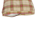 Pillow-type red, green and cream plaid fabric bed on a white background with the zip partially open. 