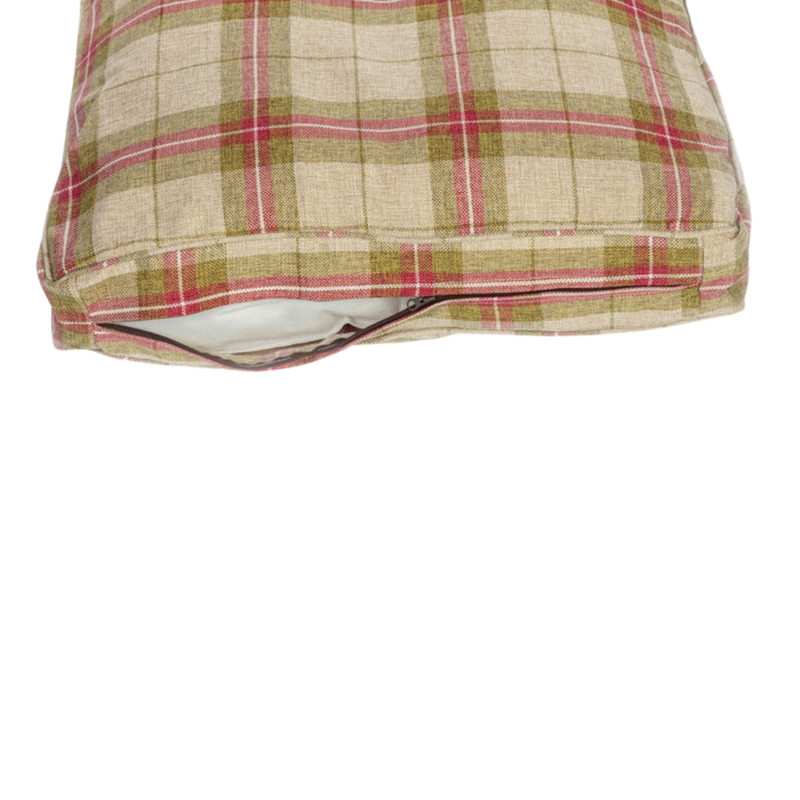 Pillow-type red, green and cream plaid fabric bed on a white background with the zip partially open. 