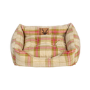 Front view of bolster red and green checked dog bed pictured on a white background. 
