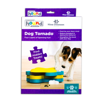 Nina Ottosson Dog Tornado dog puzzle toy in its original retail packaging, featuring a dog playing with the blue and yellow toy.
