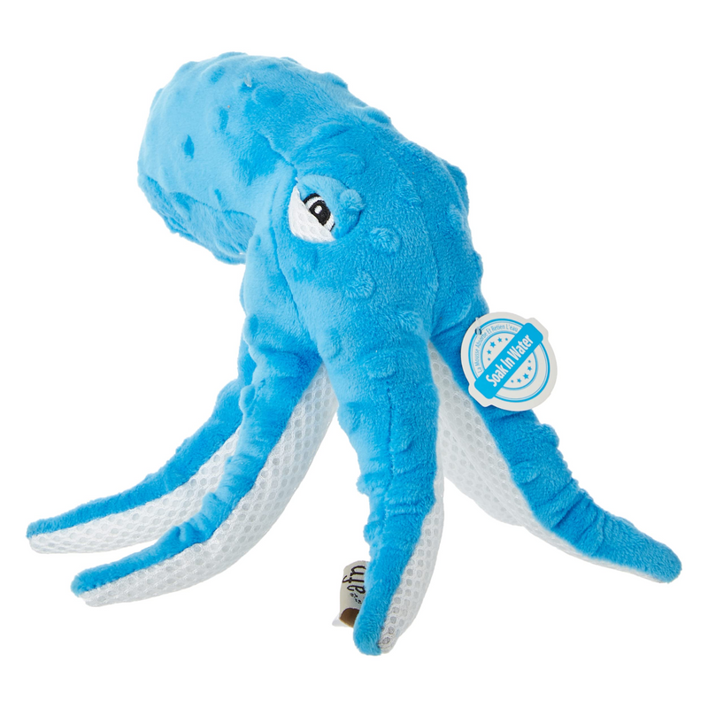 Blue and white octopus dog toy with stitch detail of a dog bone and text 'Chill Out', with a circular tag on one of the legs with text 'Soak in Water'. 