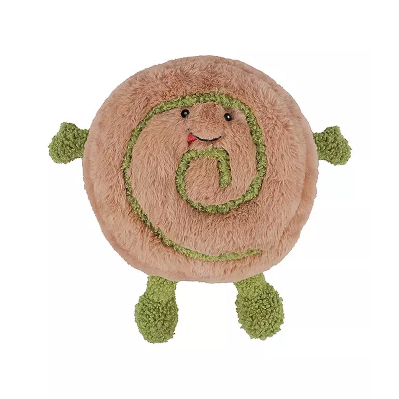 White background with a fluffy brown Pinwheel dog toy with a green swirl and green hands and feet with stitch details for eyes and mouth.