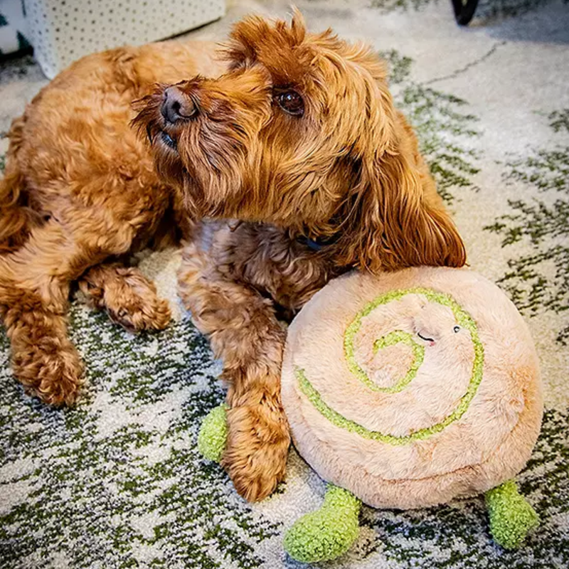 Brown Cockerpoo dog with a fluffy brown Pinwheel dog toy with a green swirl and green hands and feet with stitch details for eyes and mouth, pictured on a rug. 