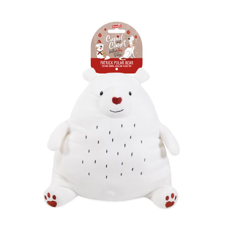 White background with a white polar bear dog toy with a red nose and paws with stitch details for eyes, mouth and belly markings, attached to a cardboard tag. 