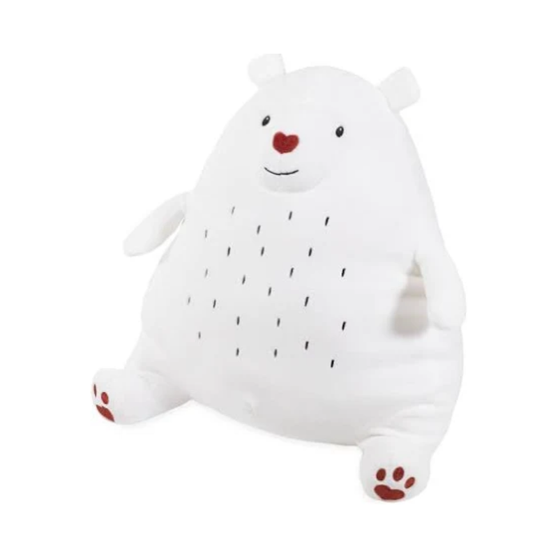 Side view of white polar bear dog toy with a red nose and paws with stitch details for eyes, mouth and belly markings, pictured on a white background. 