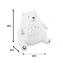 Side view of white polar bear dog toy with a red nose and paws with stitch details for eyes, mouth and belly markings, pictured on a white background with measurements to the left and underneath indicating height 34cm, width 32cm, depth 32cm. 