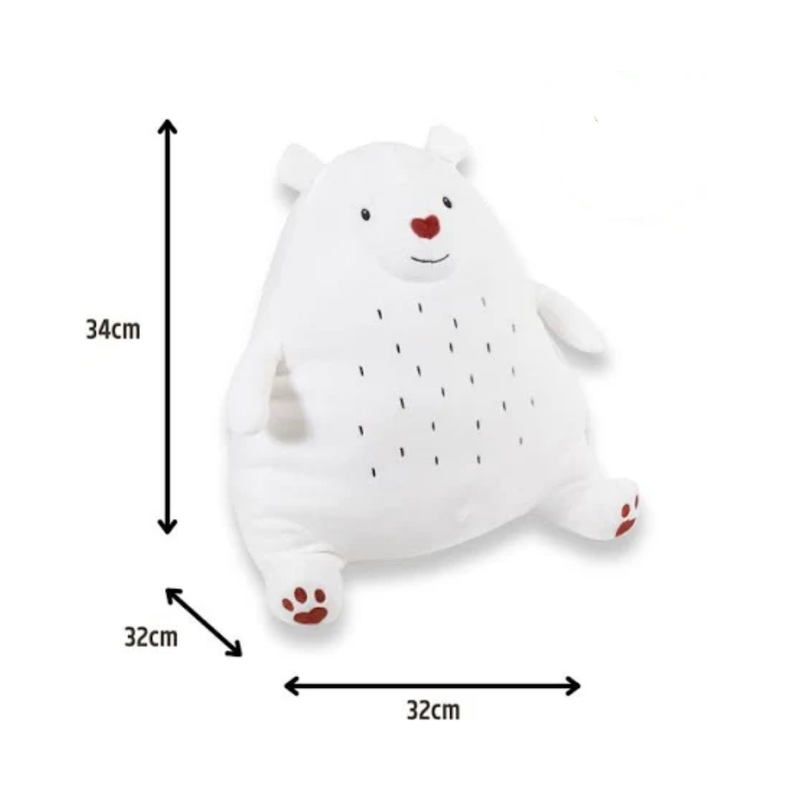 Side view of white polar bear dog toy with a red nose and paws with stitch details for eyes, mouth and belly markings, pictured on a white background with measurements to the left and underneath indicating height 34cm, width 32cm, depth 32cm. 