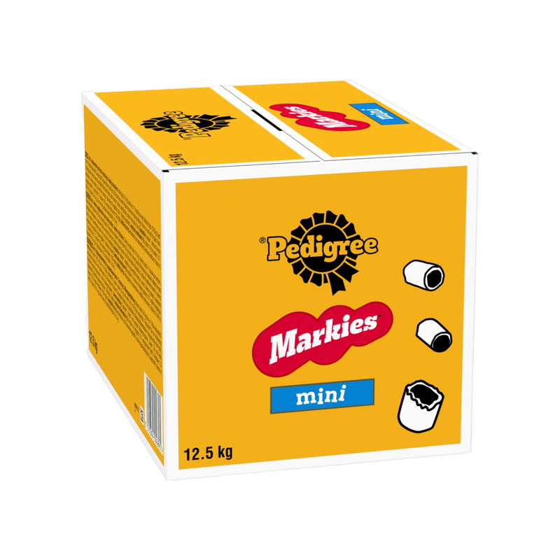 White background with a yellow box of Pedigree Markies Mini with a black and white illustration of the dog treats on the box. 