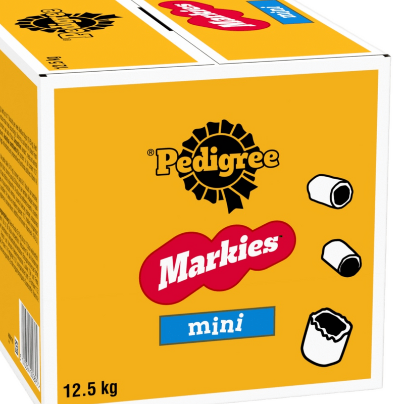 White background with a close up of yellow box of Pedigree Markies Mini with a black and white illustration of the dog treats on the box. 