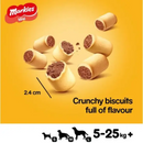 Pedigree Markies Adult Dog Treat Biscuits pictured with measurements '2.4cm Crunchy biscuits full of flavour'. Suitable for dogs weighing 5kg to 25kg.