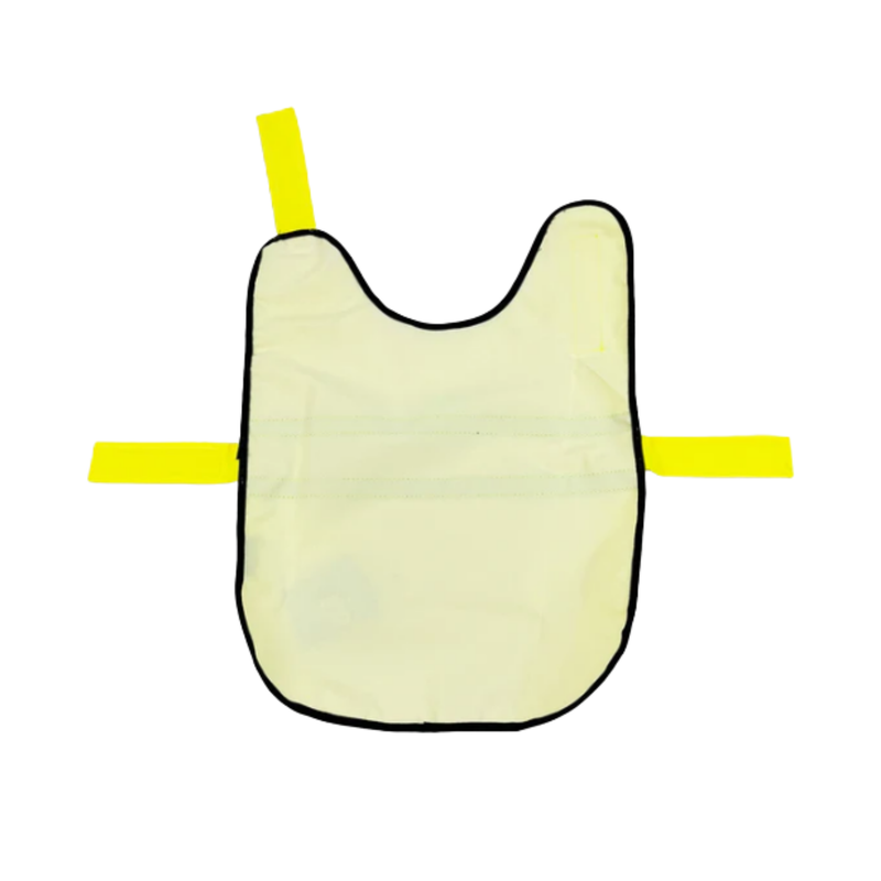 White background showing an fully open, showing the inside of the High Vis dog jacket, the jacket has a black trim and yellow straps. 