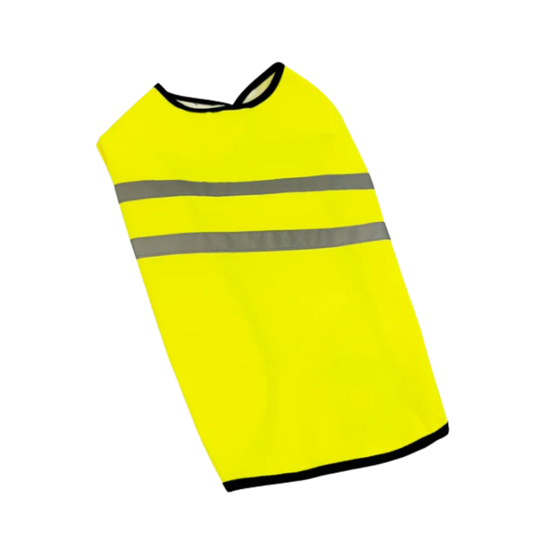 White background showing the top view of a high vis dog jacket with reflective strips and black trim. 
