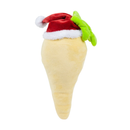 White background with a back view of a plush toy parsnip with a red Santa hat. 