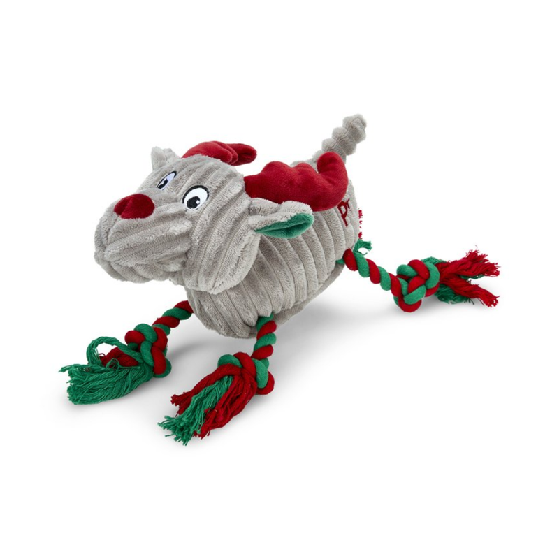 Grey reindeer dog toy with green and red twisted rope for legs and red fabric antlers on a white background. 