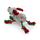 Rear view of a grey reindeer dog toy with green and red twisted rope for legs, red fabric antlers and red stitching 'PF' on it's hip pictured on a white background. 