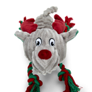 Close up of face of a grey reindeer dog toy with green and red twisted rope for legs and red fabric antlers on a white background. 