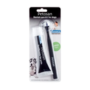 White background with a packet containing a Petosan Double Headed Toothbrush for Large dogs and a tube of Petosan Toothpaste. On the packet is a black and white Great Dane dog. 