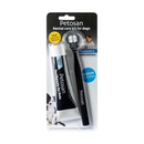 White background with a packet containing a Petosan Double Headed Toothbrush for Medium dogs and a tube of Petosan Toothpaste. On the packet is a black and white collie dog. 